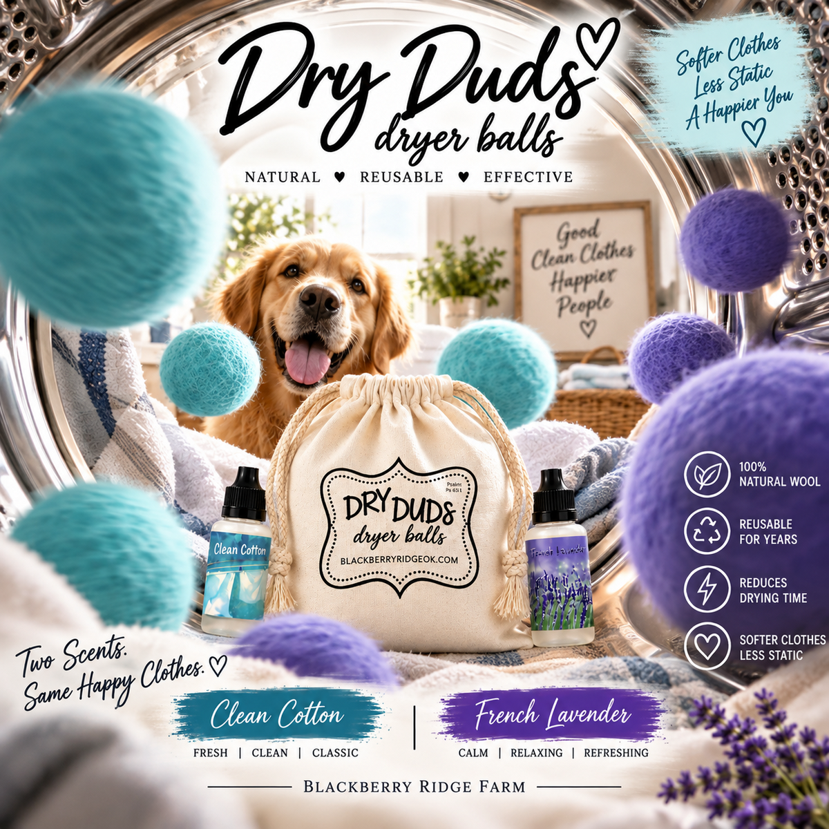 Dry Duds Wool Dryer Balls (5) + Clean Cotton Fragrance