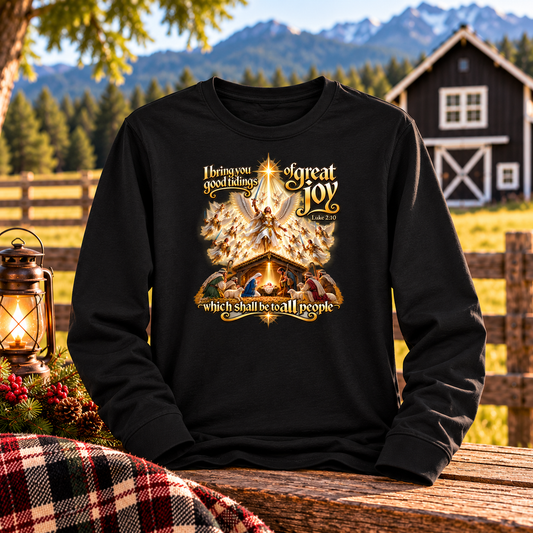 Good Tidings of Great Joy Christian Christmas Shirt | scripture Luke 2:10 Nativity