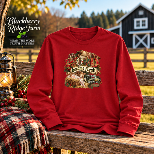 The Word Became Flesh Christian Christmas Shirt | scripture John 1:14 Nativity Tee
