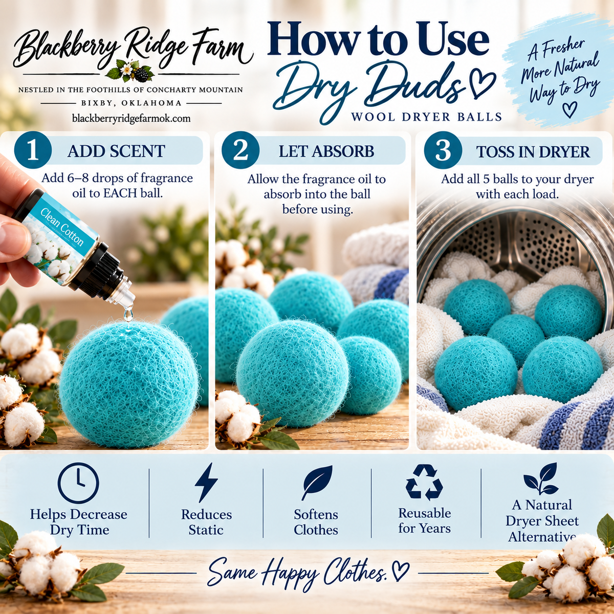 Dry Duds Wool Dryer Balls (5) + Clean Cotton Fragrance