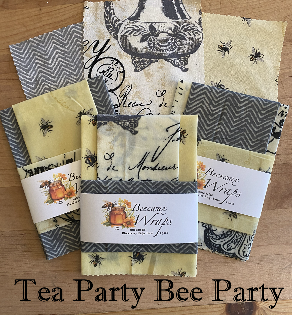 Tea Party Bee Party Beeswax Wraps 3-pack