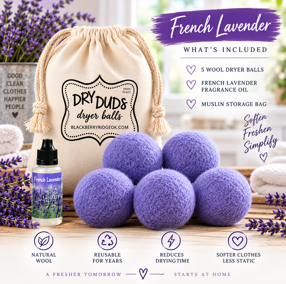 Dry Duds Wool Dryer Balls (5) + French Lavender Fragrance